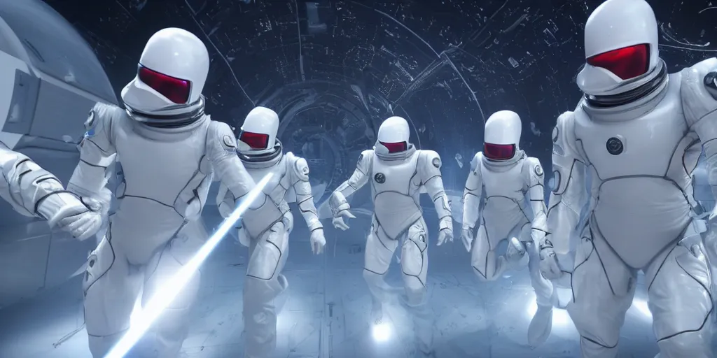 Prompt: futuristic spacemen firing lasers in zero gravity, skintight suits, floating, bright white light, floating white obstacles, surrounded by a laser grid, unreal engine, lensflares, low perspective