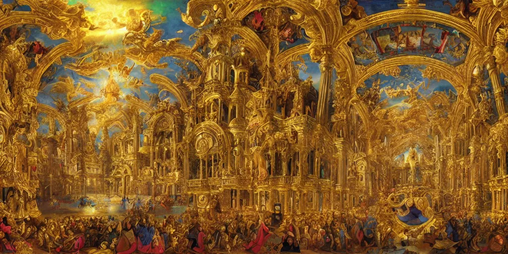 Image similar to beautiful ornate heavenly gold rococo megastructure in the style of heironymus bosch, colorful light intricate masterpiece, hyper detailed, hd