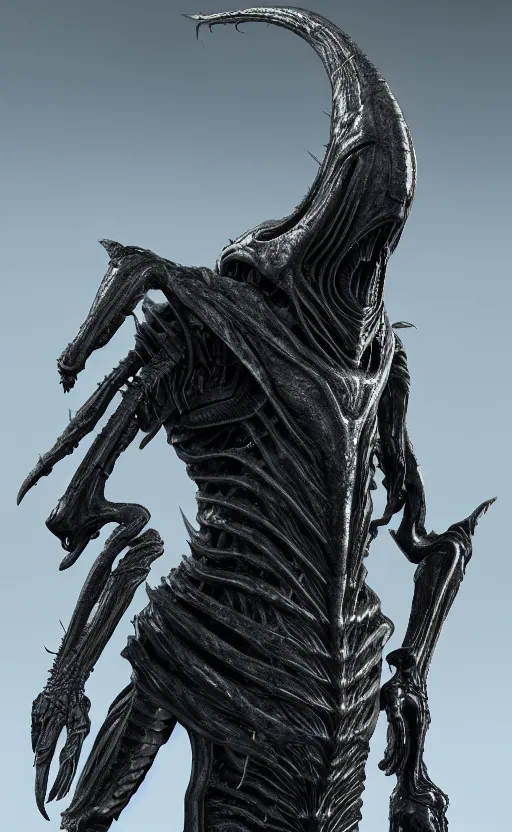 Image similar to futuristic alien with lasers eldenring boss. fromsoftware, dark souls, eldenring, screenshot, extremely detailed, insanely detailed, realistic, zbrush, horror, bloodbourne, full body concept