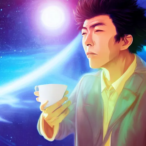 Prompt: A man drinking a cup of cosmic energy bright light by Masafumi Harada, 4k, digital art, surreal, anime style, space dandy style, highly detailed, godsend, artstation