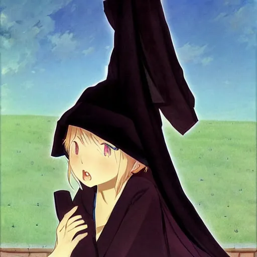 Image similar to archetype of death ((the grim reaper)) is a cute neko girl, anime waifu, posing nicely for a picture, shy, bashful, sweet colors, dark black robe, blush, by Ilya Repin and Maurice Sendak