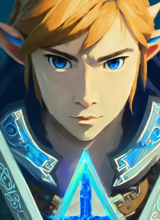 Image similar to link breath of the wild great portrait, cinematic lighting, glowing blue runes, highly detailed, d & d, fantasy, highly detailed, digital painting, trending on artstation, concept art, sharp focus, illustration, art by artgerm and greg rutkowski and fuji choko and viktoria gavrilenko and hoang lap
