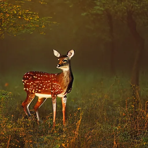 Image similar to a beautiful spotted deer in the woods lit by the morning sky, sunrise, chital, photorealistic, by annie leibovitz and steve mccurry, natural light, canon eos c 3 0 0, ƒ 1. 8, 3 5 mm, 8 k, medium - format print