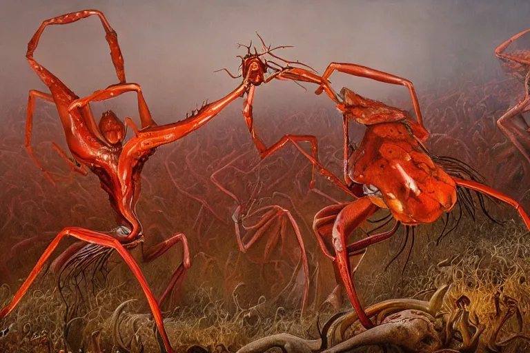 Image similar to ultra-detailed painting by zdzisław beksiński of fiery blood mantis fighting in the battle between blood humans and undead elves in the bone valley, hd, render 8k ,ultra-detailed, hyperrealism, dynamic lighting, realistic photo