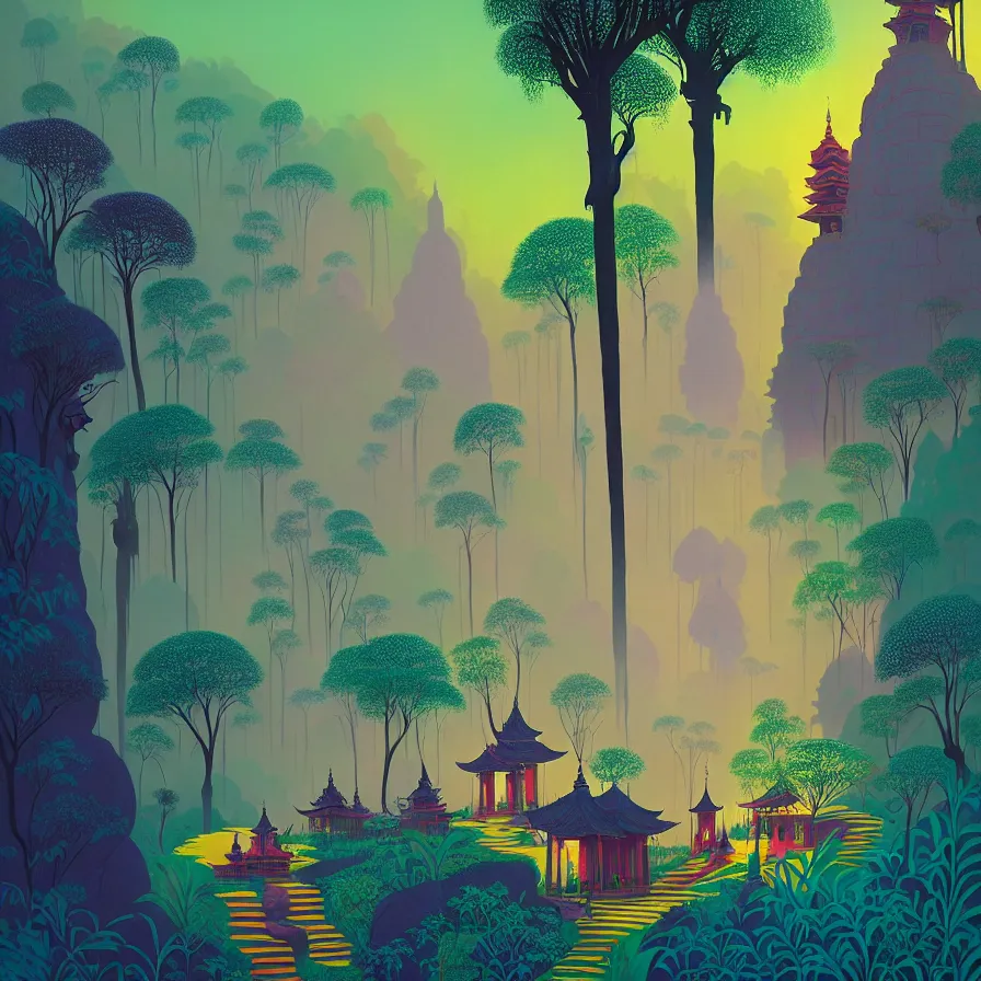 Image similar to ( ( ( gediminas pranckevicius ) ) ), wat bukit perak jungle temple, summer morning, very coherent and colorful high contrast art by james gilleard floralpunk screen printing woodblock, dark shadows, pastel color, hard lighting