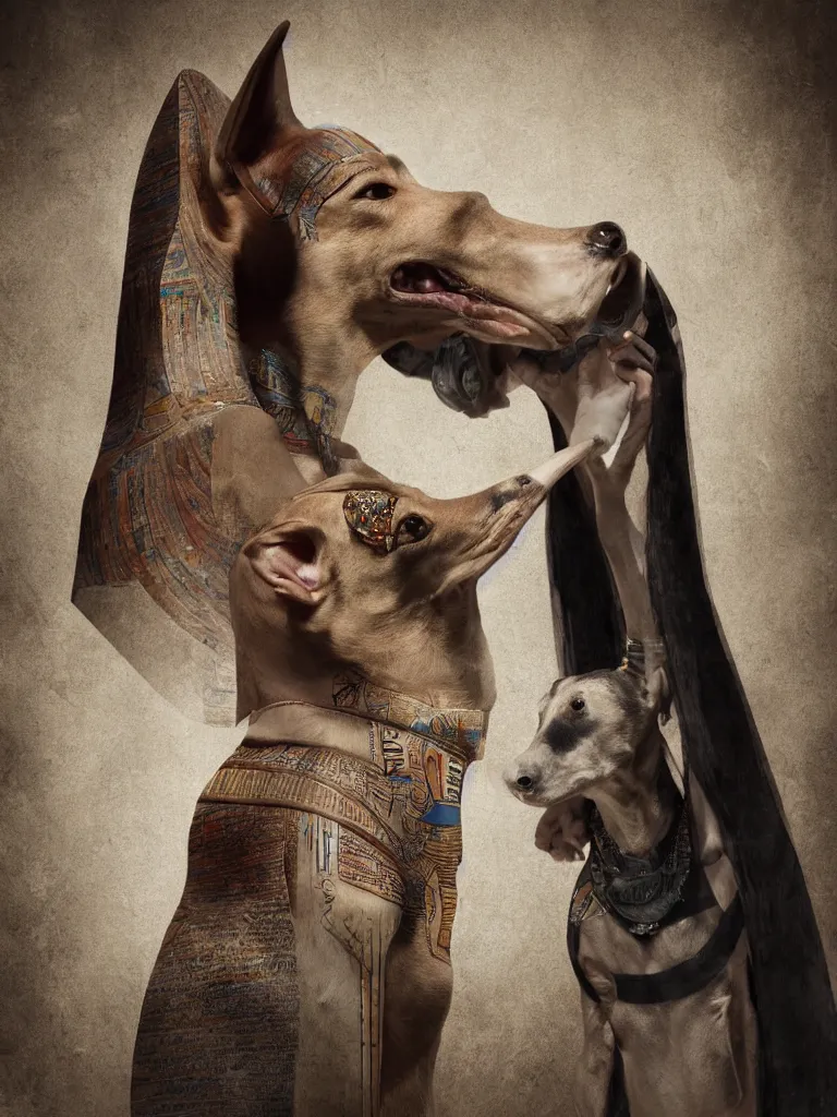 Image similar to photorealistic portrait of a beautiful female ancient Egyptian goddess with Anubis as a whippet, photography by Alessio Albi, 50mm f1.4, bokeh, kodak ektar, painted by Artgerm, rendered in octane