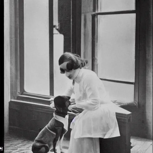 Image similar to a vintage snapshot from the 1 9 2 0 s shows a lady with her dog, a jack russell terrier, outside an open window. she wears a fancy white shirt with a big bowtie, along with a dark - colored skirt. she wore her wristwatch over the cuff of her blouse in the manner of gianni agnelli.