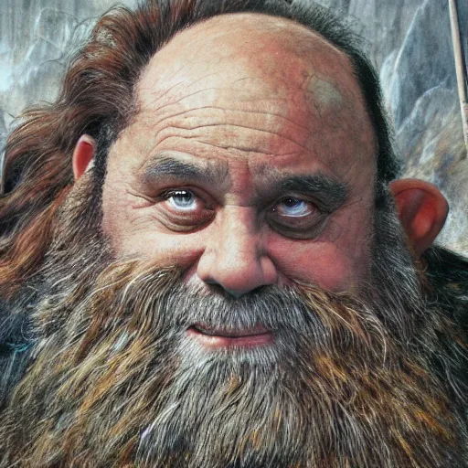 Prompt: danny devito as gimli, by alan lee, frank reynolds, lord of the rings calendar, smooth, detailed terrain, oil painting, matte painting, concept art, trending on artstation, promotional artwork, film still