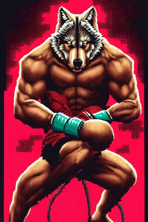 Image similar to extreme long shot. 8 bit nes graphics. antropomorphic muscular masculine wolf. kickboxer fighter, in shorts. wolf head. fine details, very sharp, art from nes game cartridge, vhs, vaporwave, marc simonetti and hermann nitsch