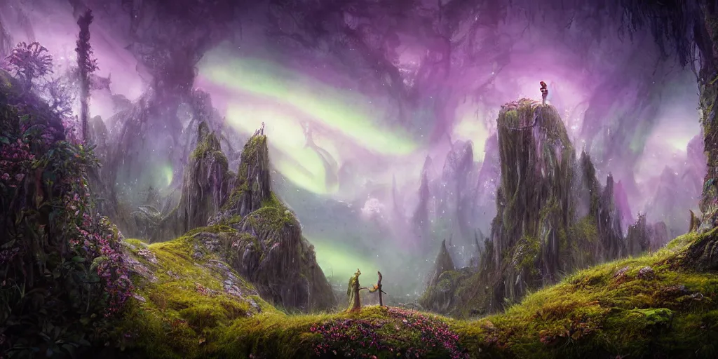 Prompt: fairyland scenery landscape, lord of the rings, aurora borealis, mist, monoliths, flowers, mushroom structures, moss highly detailed, vivid color, perfect lighting, perfect composition, 8 k, brian froud, artgerm, derek zabrocki, greg rutkowski