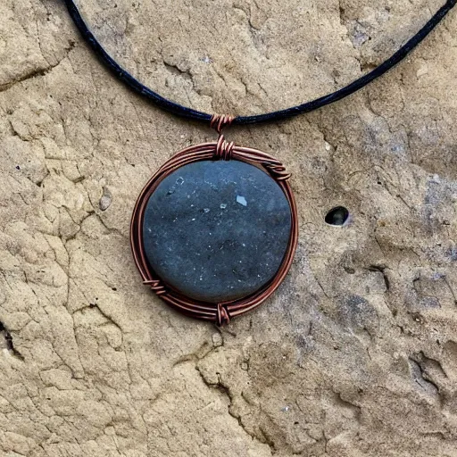 Image similar to beautiful but simple circular amulet made from equal parts bright sandstone and dark sandstone with a small rock shard separating them in the middle, bound together by copper wire and representing powerful love