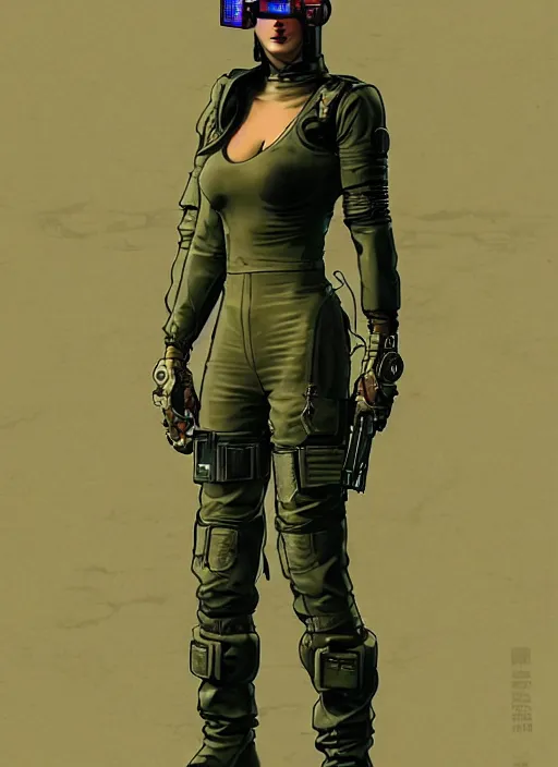 Image similar to cyberpunk mercenary in tactical gear and jumpsuit. portrait by stonehouse and mœbius and will eisner and gil elvgren and pixar. character design. realistic proportions. dystopian. cyberpunk 2 0 7 7, apex, blade runner 2 0 4 9 concept art. cel shading. attractive face. thick lines.