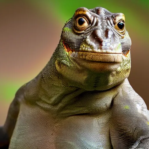 Image similar to the head of a lizard photoshopped onto a gorrilla's body, full - body shot