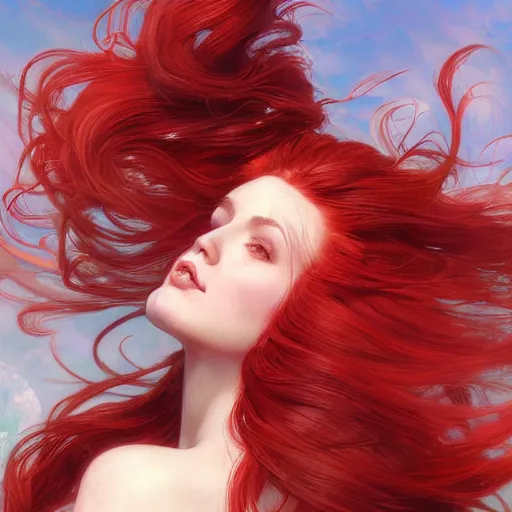 Image similar to a red haired goddess hanging upside down, long hair billowing down, intricate, elegant, highly detailed, digital painting, artstation, concept art, matte, sharp focus, illustration, in the style of magic the gathering, art by artgerm and greg rutkowski and alphonse mucha
