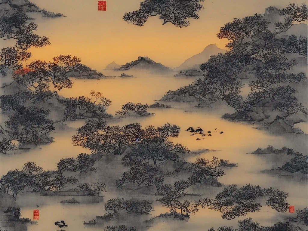 Prompt: rosy clouds fly with lone mallards side by side, autumn waters blend into the hues of th'vast sky, sunset, cinematic landscape ， on a snowy day, natural light, ink painting, traditional chinese painting, by xu beihong