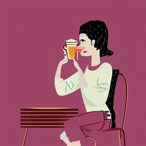 Prompt: illustration a parisian girl drink a coffee, by malika favre