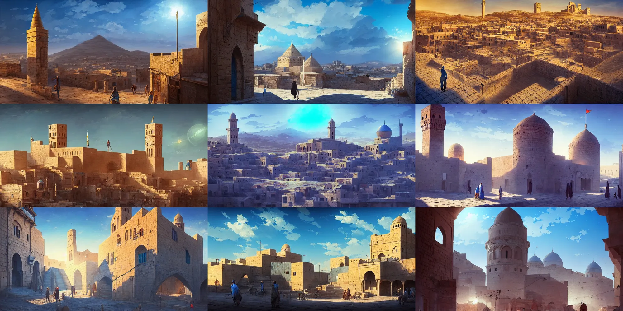 Prompt: artstation scene, citadel of erbil, old town mardin, kurdistan, bright blue sky, light bloom, atmospheric, ultrawide angle, cinematic composition, detailed textures, painterly concept art by jordan grimmer, sparth