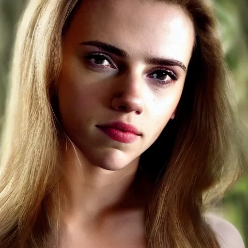 Image similar to a woman who is a genetic combination of scarlett johansson and emma watson face and upper - body focus