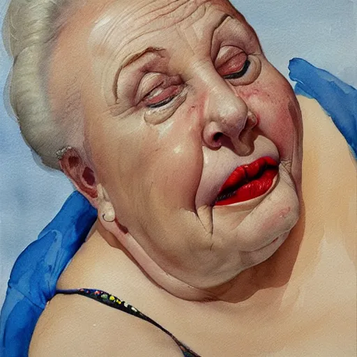 Image similar to of a very funny oil painting of a sweet fat old woman kissing herself. symmetrical face, red mouth, blue eyes. a flowered dress. a hyper - realistic scene. 3 d, octane processing, deep focus, white scene. a very funny and sweet picture. unreal engine. watercolor. fellini cinematic style. poster quality. freud painting style.