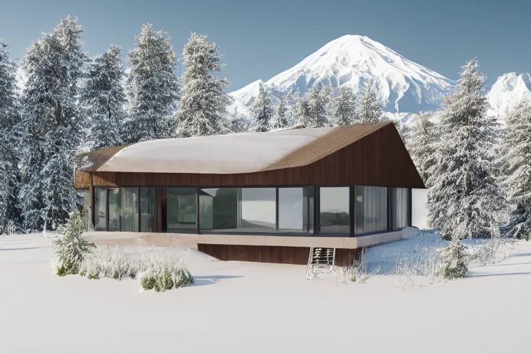 Image similar to modern modern fachwerk house with in the forest on the foot of Elbrus mountain covered by snow on the background, architecture, 3d render 8k , high details