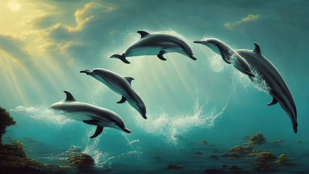 Image similar to dolphins swimming underwater, harmony, peaceful, amazing, by andreas rocha and john howe, and Martin Johnson Heade, featured on artstation, featured on behance, golden ratio, ultrawide angle, f32, well composed