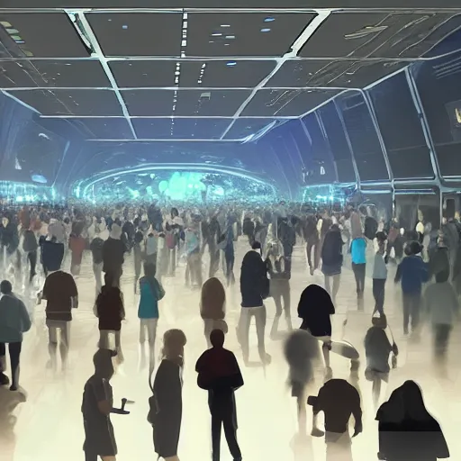 Image similar to hall in cyber space concept, a lot of people siting on tables, large screen, artstation