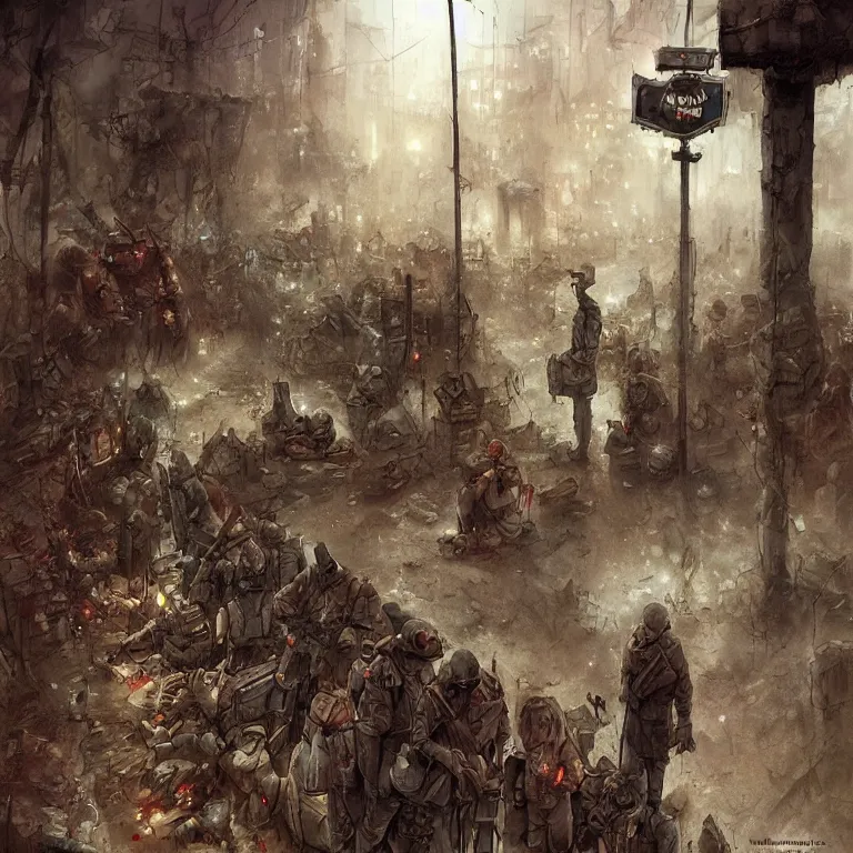 Image similar to the souls of dead soldiers waiting in a lone bus stop in quiet dark city, by marc simonetti