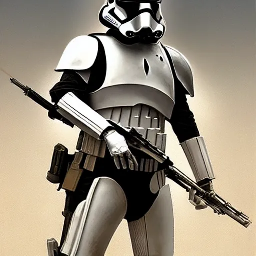 Image similar to an extremely long shot of an imperial stormtrooper in battle position ready to shoot his blaster concept art by Doug Chiang cinematic, realistic painting, high definition, very detailed, extremely high detail, photo realistic, concept art, the Mandalorian concept art style