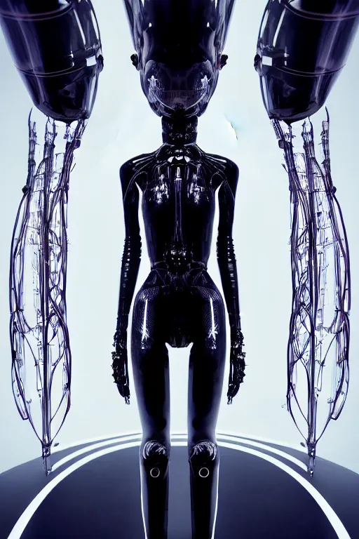 Prompt: background space station, black inflateble dress iris van herpen positing on floor, helmet instead of a head, perfect symmetrical, full body shot, inflateble shapes, wires, tubes, veins, jellyfish, white biomechanical details, wearing epic bionic implants, masterpiece, intricate, biopunk, vogue, highly detailed, artstation, concept art