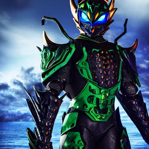 Image similar to High Fantasy Kamen Rider standing in a rock quarry, full body, 4k, glowing eyes, daytime, rubber suit, dark blue segmented armor, dragon inspired armor, centered in frame, promotional picture