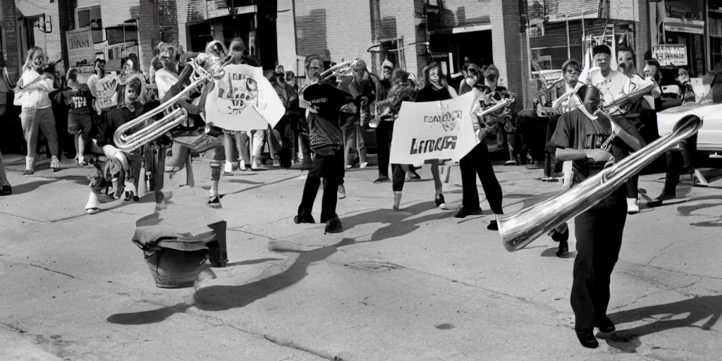 Prompt: a fiery redhead teen plays the trombone in the streets of a kansas city in 1990