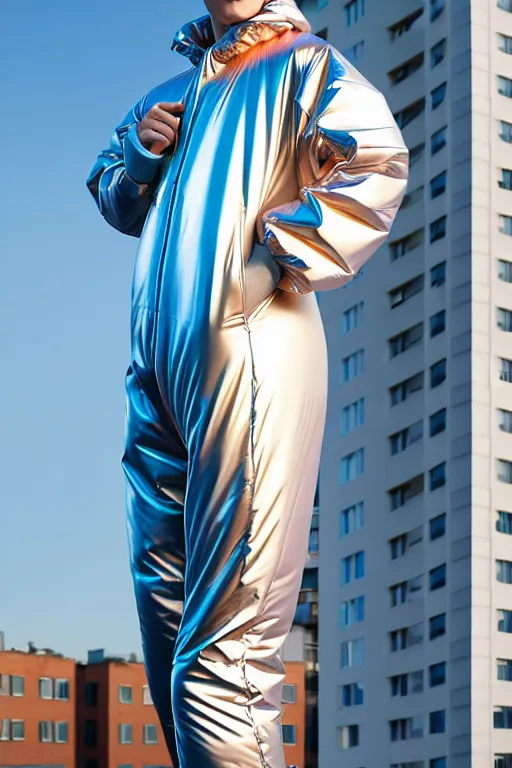 Image similar to un ultra high definition studio quality photographic art portrait of a young man standing on the rooftop of a british apartment building wearing soft baggy inflatable padded iridescent pearlescent jumpsuit. three point light. extremely detailed. golden ratio, ray tracing, volumetric light, shallow depth of field. set dressed.