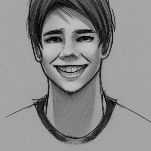 Image similar to simple sketch of a teenage boy with very short side part hair smiling trending on artstation