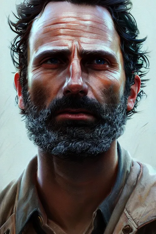 Image similar to , ultra detailed close up facial portrait of rick grimes, extremely detailed digital painting, in the style of fenghua zhong and ruan jia and jeremy lipking and peter mohrbacher, mystical colors, rim light, beautiful lighting, 8 k, stunning scene, raytracing, octane, trending on artstation