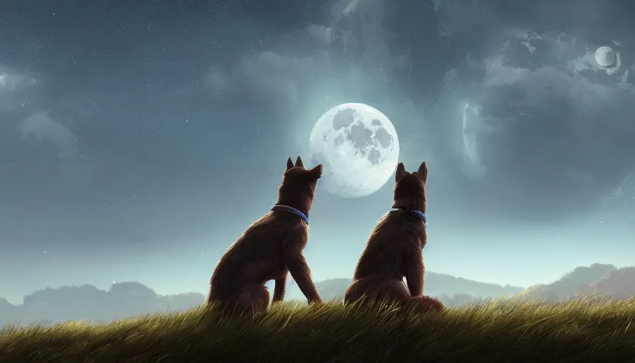 Image similar to back view of dogs watching the moon sitting on the hill, hyperdetailed, artstation, cgsociety, 8 k