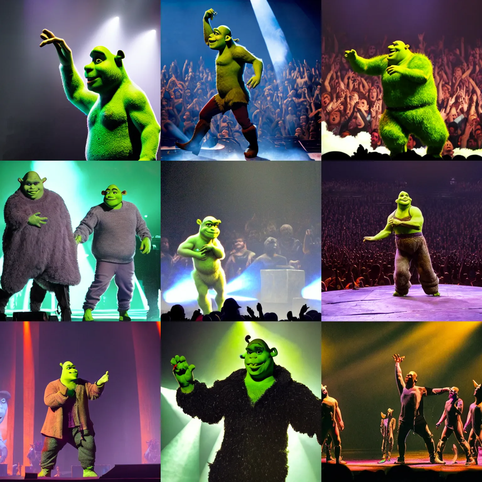 Prompt: shrek performing on stage for his yeezus tour