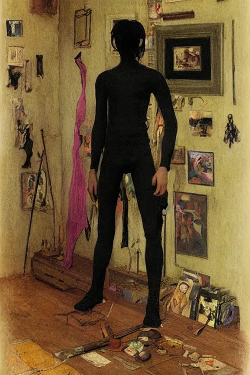 Image similar to a skinny goth guy standing in a cluttered 9 0 s bedroom, full body character concept art, vaporwave colors, jules bastien - lepage art,