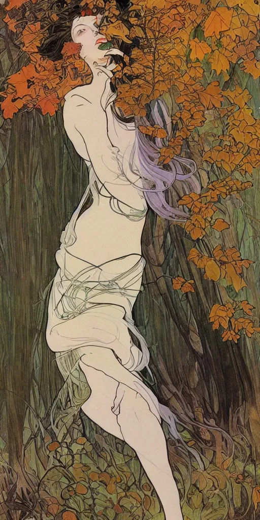 Image similar to a beautiful illustration of a beautiful lady with black hair in a forest in autumn, style of yoshitaka amano and alfons mucha