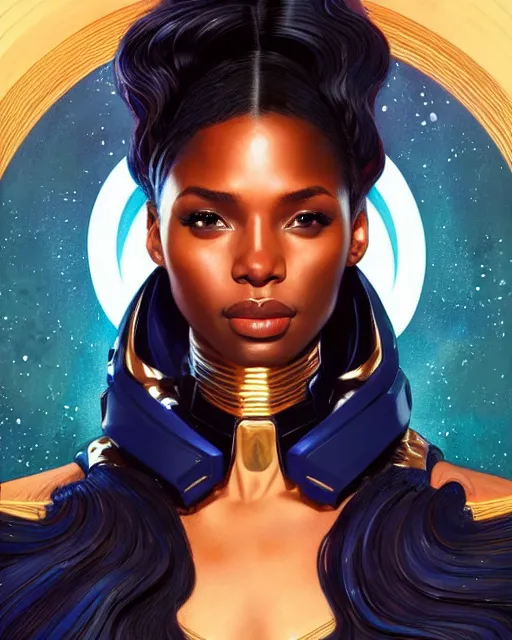 Image similar to Portrait of very very very very very very beautiful black woman, spacesuit, blue eyes, intricate, elegant, highly detailed, digital painting, artstation, concept art, smooth, sharp focus, illustration, art by artgerm and greg rutkowski and alphonse mucha