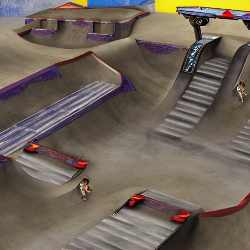 Image similar to roman chariot racing in a skate park half-pipe, video game cover