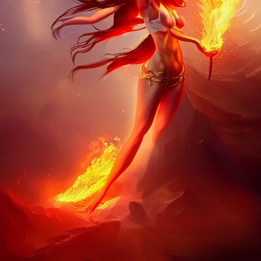 Prompt: beautiful goddess of fire stands in her power in a vortex of flame, 8k resolution matte fantasy painting, cinematic lighting, DeviantArt Artstation, by Ross Tran