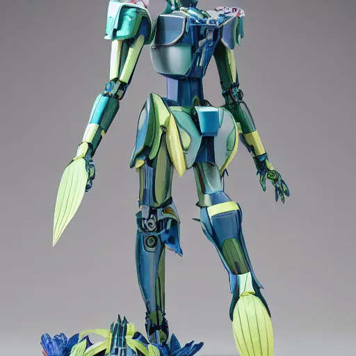 Image similar to futuristic nymphaea themed mecha waterlily upper body, flower sepals forming helmet, evangelion, nymphaea, 8 k hd resolution, barbatos gundam textured with waterlily pads, bandai box art, star wars, makoto kobayashi, frank gehry, raymond swanland