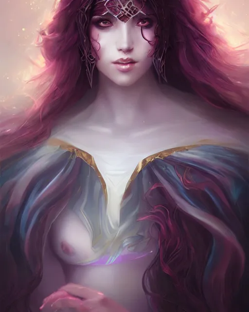 Prompt: Dark fantasy princess cloaked in flowing magical silks, enchanted cosmic scenery, by WLOP and artgerm, artstation