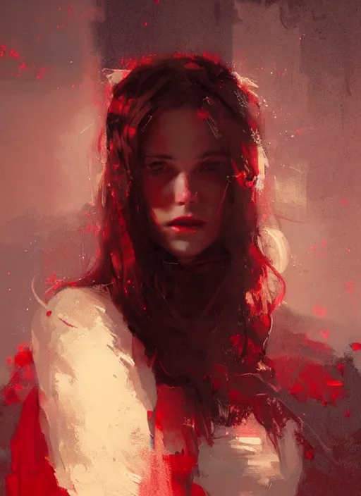 Image similar to outdoor portrait of a beautiful girl, shades of red and green, beautiful face, rule of thirds, intricate outfit, spotlight, by greg rutkowski, by jeremy mann, digital painting