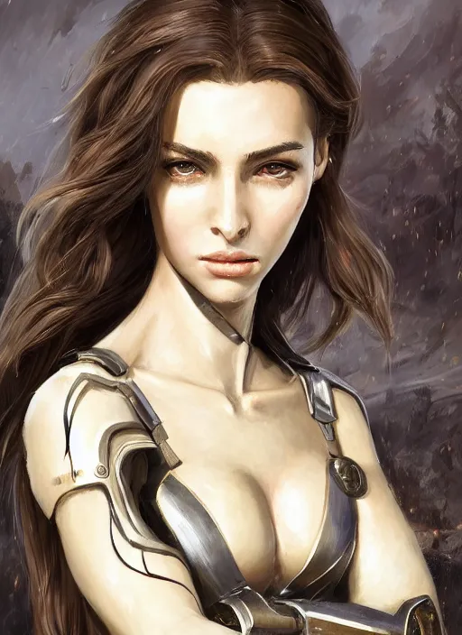 Image similar to a professionally painted portrait of an attractive young girl, partially clothed in battle armor, olive skin, long dark hair, beautiful bone structure, perfectly proportioned, nubile body, symmetrical facial features, intricate, elegant, heroic pose, digital painting, concept art, smooth, sharp focus, finely detailed, beautifully framed, from Metal Gear, in the style of Artgerm and Greg Rutkowski and William-Adolphe Bouguerea