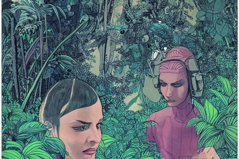 Image similar to gigantic woman head, a lot of exotic vegetation around, trees, flowers, risograph!, oldschool vintage sci - fi flat surreal design, super - detailed, fullshot, painting by moebius and luigi serafini