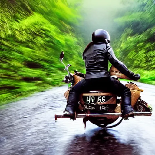 Image similar to a potato riding a motorcycle through the jungle, low angle with rain and lightning, dramatic scene from a movie