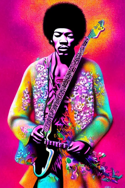 Image similar to jimi hendrix, photorealistic face 4 k digital paint by studio ghibli hayao miyazaki. vivid colours, vaporwave lighting style, very sharp and detailed. trending on artstation and behance.