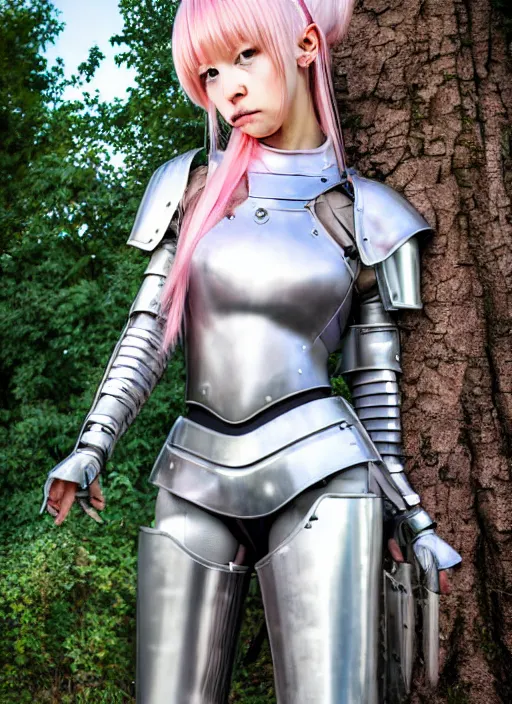 Prompt: real photograph of a hyperrealistic ultradetailed anime - styled girl dressed in steel plate armor, cute, posing, physically textured, surrounded by trees, made by wlop, trending on artstation, pink hairstyle, lifelike human, k - pop person, 3 d, extremely immersive, kawaii, sharp focus, art by studio ghibli