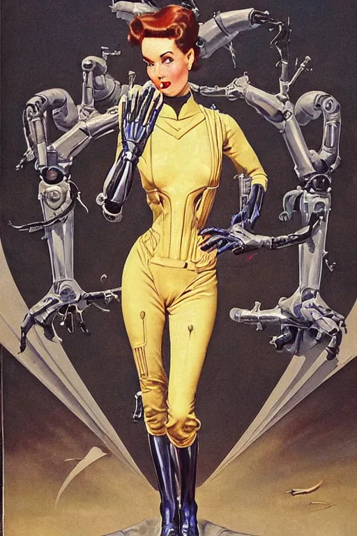 Prompt: 5 0 s pulp scifi fantasy illustration full body portrait elegant woman wearing latex spacesuit with biomech arms, by norman rockwell, roberto ferri, daniel gerhartz, jack kirby, earle bergey, ruan jia, jason fabok, tom lovell, alex malveda, dean cornwell, astounding stories, amazing, fantasy, other worlds